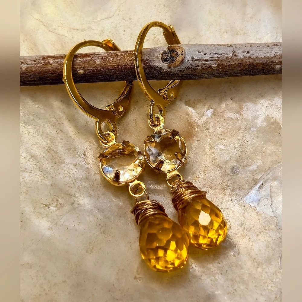 Genuine 1.48 Carats Small Citrine Dainty Gold Plated Earrings